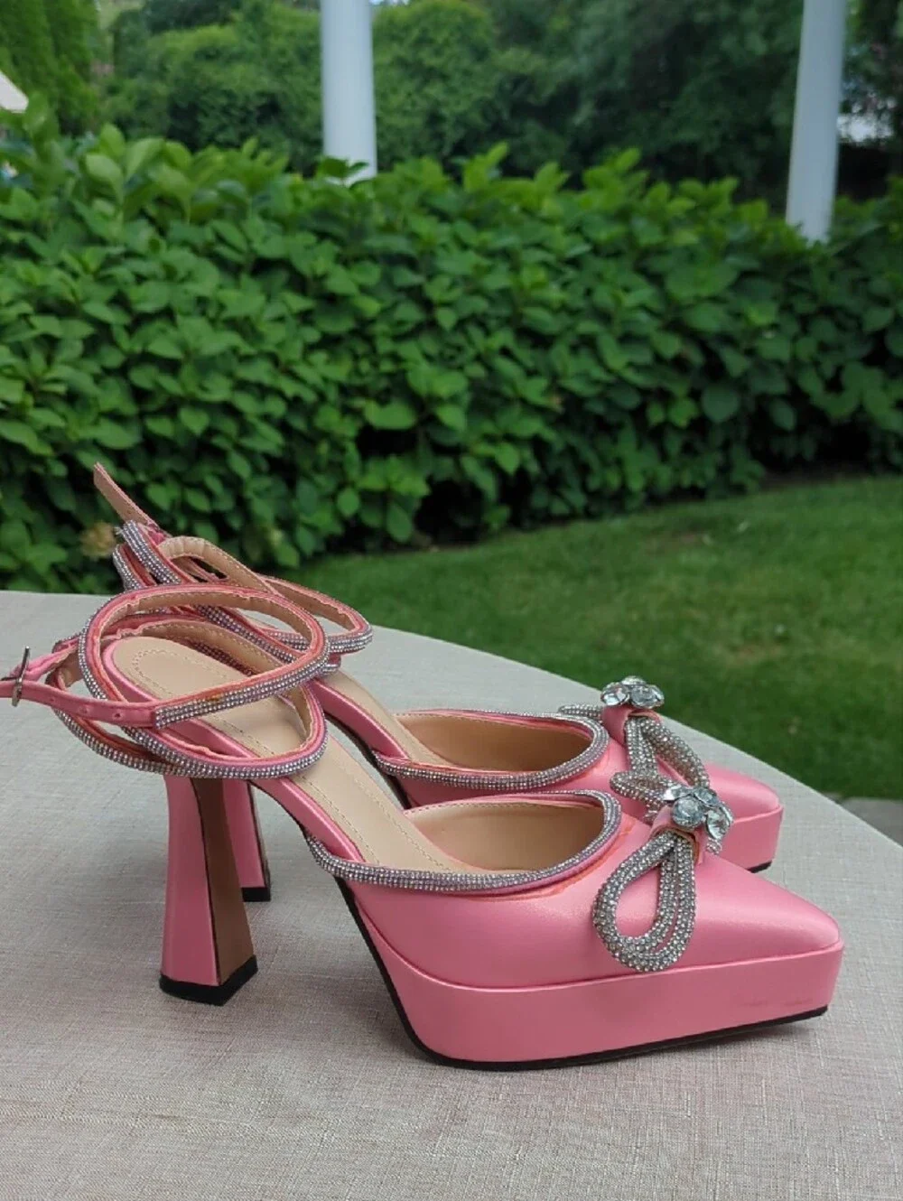 Pink Satin Pointed Toe Heels with Crystal Bow